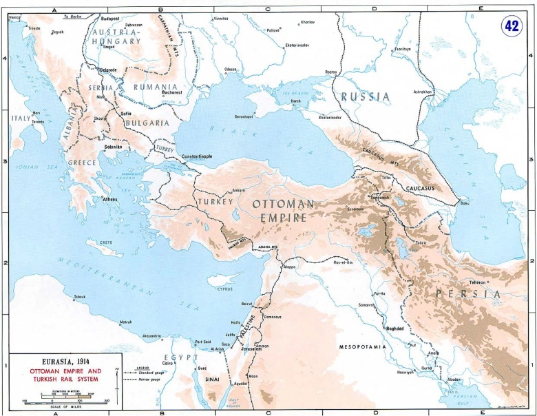 Sieć kolejowa Imperium Osmańskiego w Eurazji i Bliskim Wschodzie w 1914 roku