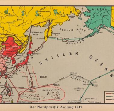 Maksymalny zasięg japońskiego panowania na północnym Pacyfiku, 1942