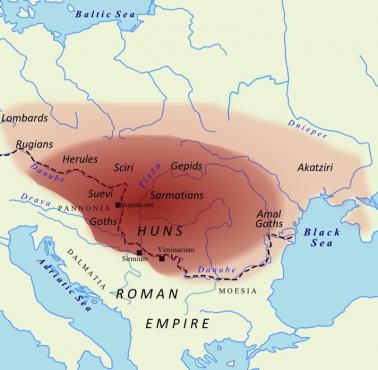 Przypuszczalny zasięg terytorium kontrolowanego przez Attylę ok. roku 450