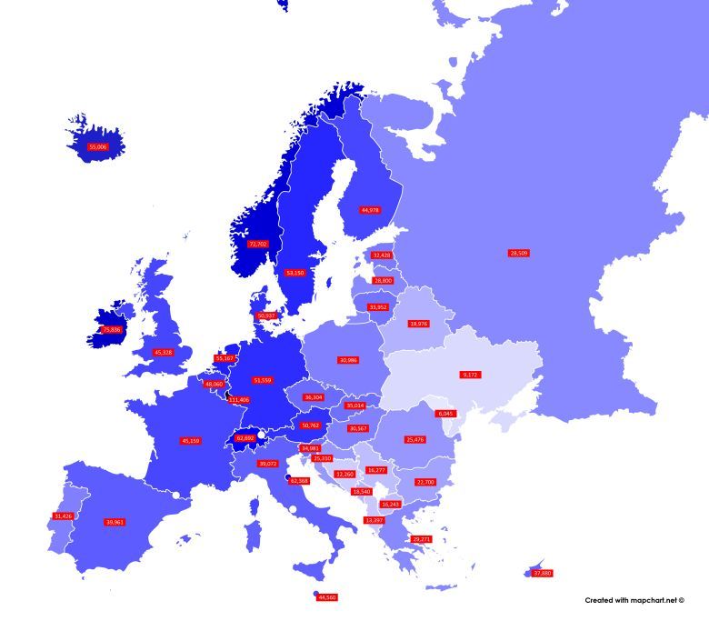 Lokalna siła nabywcza w Europie w 2018 r. (szacunki MFW)