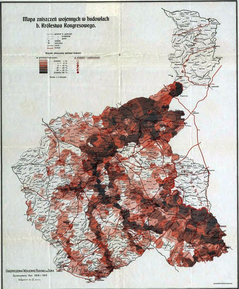 Mapa zniszczeń wojennych w budowlach w Królestwie Kongresowym podczas I wojny światowej