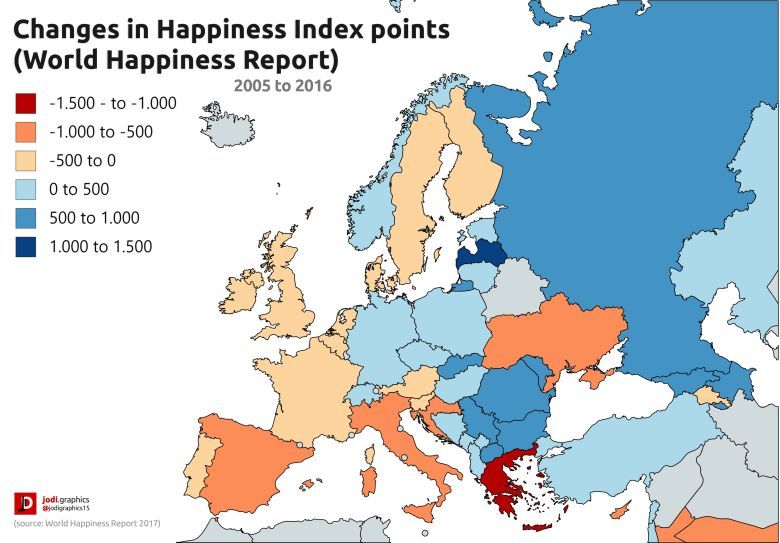 Zmiany w punktach wskaźnika zadowolenia w krajach europejskich (raport World Happiness) - od 2005 do 2016