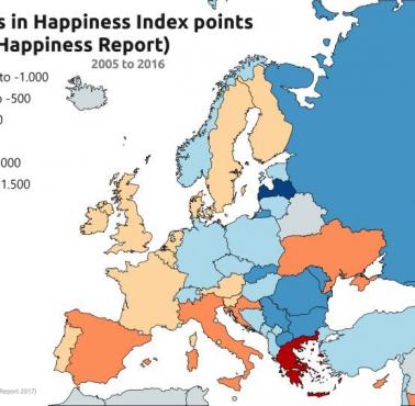 Zmiany w punktach wskaźnika zadowolenia w krajach europejskich (raport World Happiness) - od 2005 do 2016