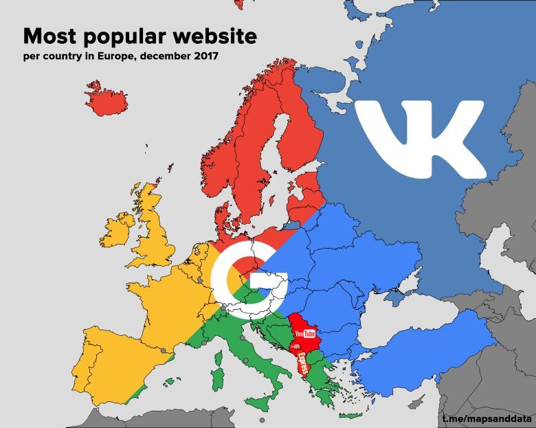 Najpopularniejsza strona internetowa w poszczególnych krajach Europy, 2017