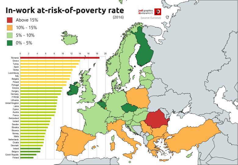 Ryzyko ubóstwa w poszczególnych krajach Unii, 2016