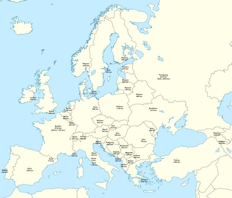 Najdalsze stolice sąsiednich krajów (Europa) 