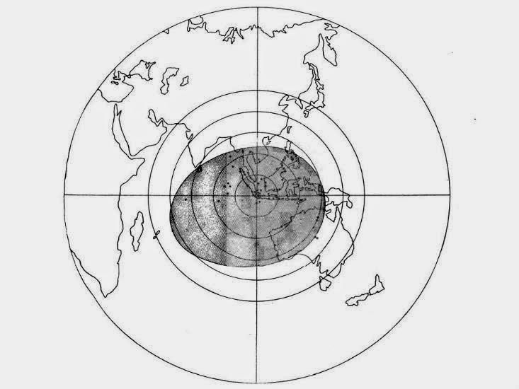 Mapa pokazująca obszar, w którym słychać było huk wywołany erupcją wulkanu Krakatoa w 1883 roku