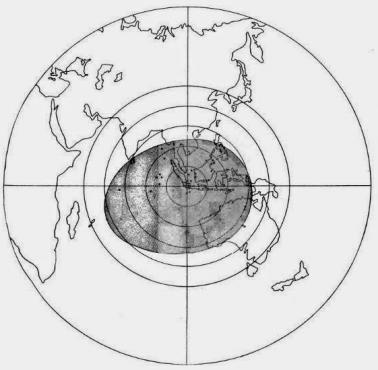 Mapa pokazująca obszar, w którym słychać było huk wywołany erupcją wulkanu Krakatoa w 1883 roku