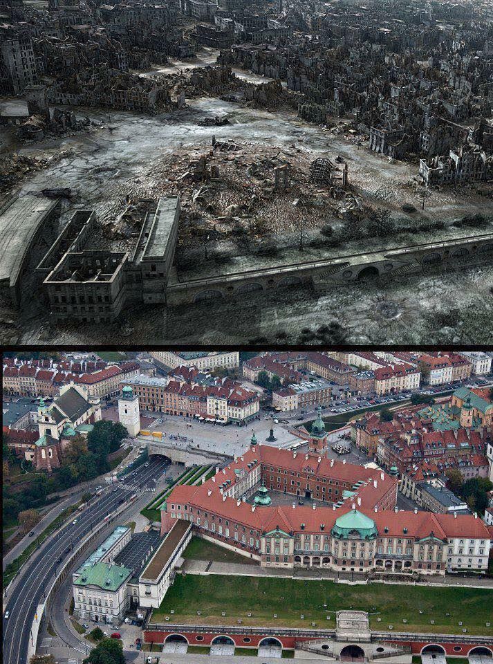 Widok na Zamek Królewski i Stare Miasto w W-wie w 1945 roku i obecnie
