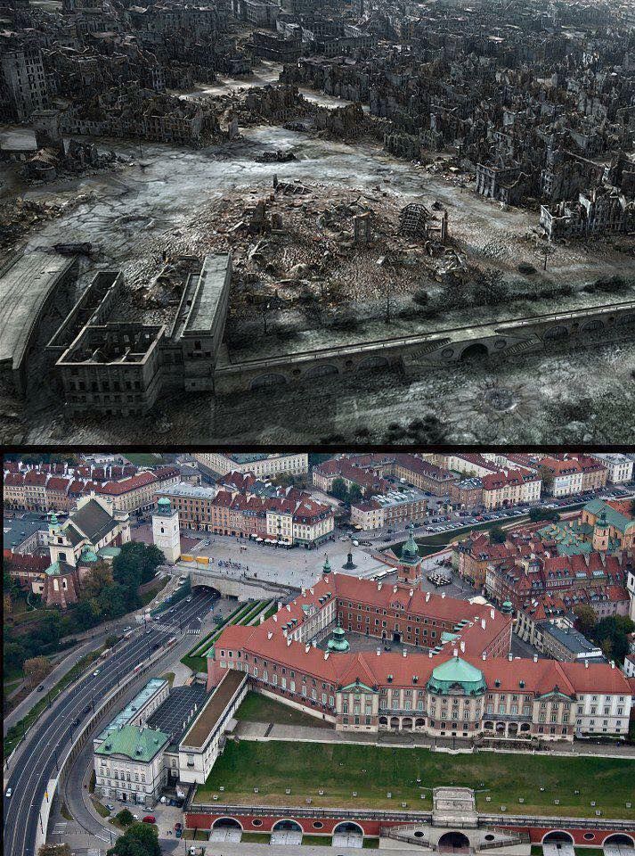 Widok na Zamek Królewski i Stare Miasto w W-wie w 1945 roku i obecnie