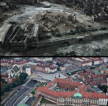 Widok na Zamek Królewski i Stare Miasto w W-wie w 1945 roku i obecnie