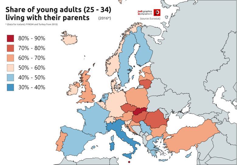 Odsetek dorosłych (25-34) mieszkających z rodzicami w Europie, 2016
