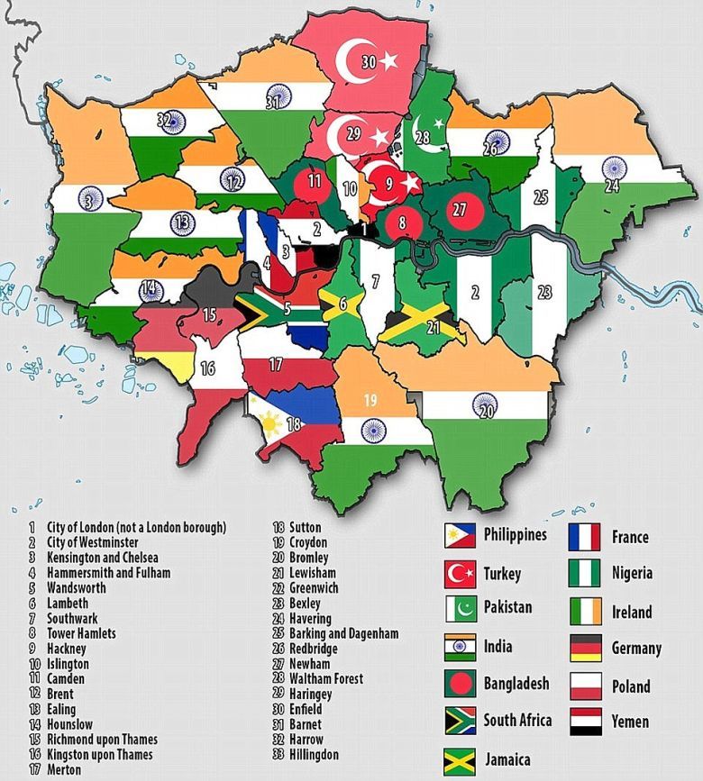 Największe populacje migrantów w poszczególnych dzielnicach Londynu