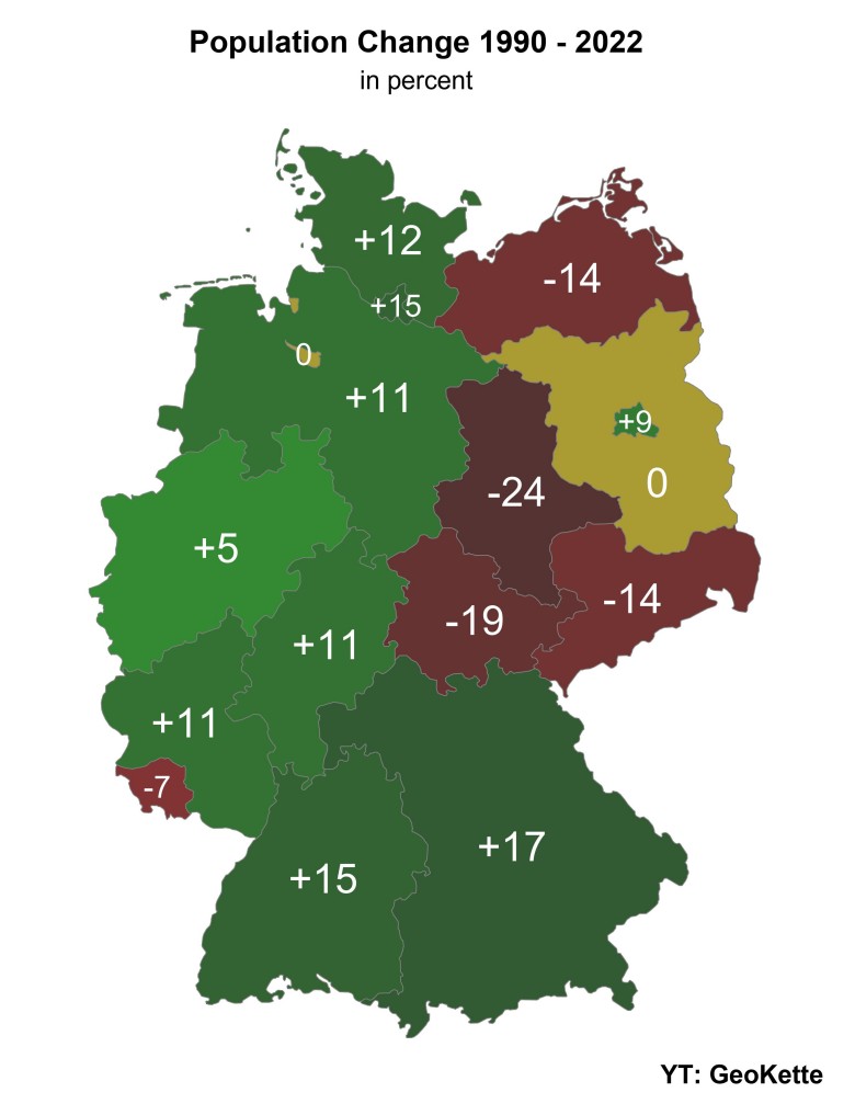 Zmiana liczby ludności w krajach związkowych Niemiec w latach 1990-2022 ( w proc.)