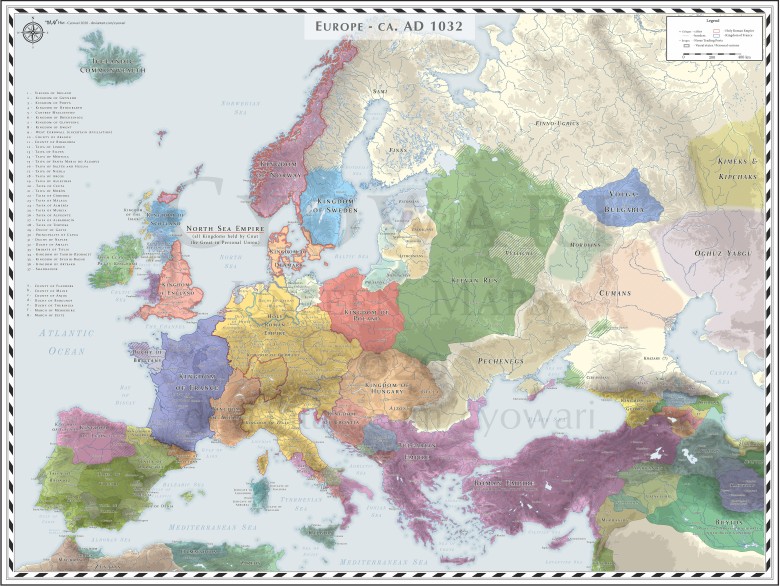 Mapa polityczna Europy w 1032 roku n.e.