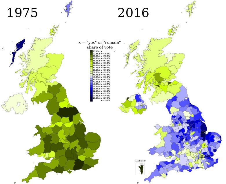 Za Unią w 1975 i wyniki referendum w sprawie Brexitu