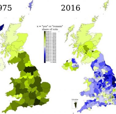 Za Unią w 1975 i wyniki referendum w sprawie Brexitu