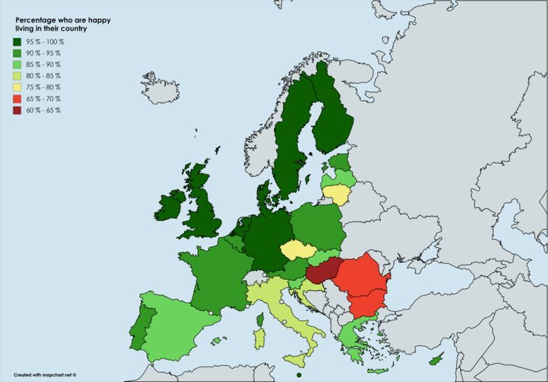 Odsetek obywateli UE, którzy czują się szczęśliwi w swoim kraju 