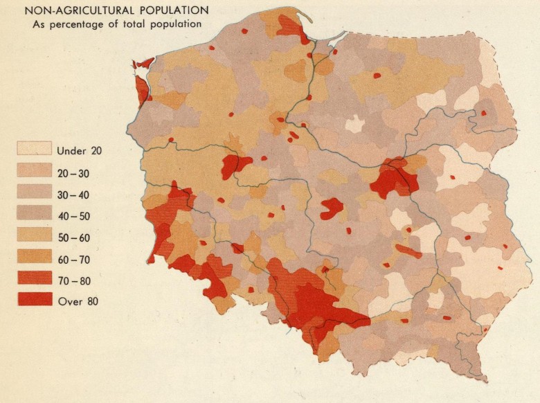 Odsetek ludności Polski niezatrudnionej w rolnictwie w latach 1963-1967 (obszary uprzemysłowione)