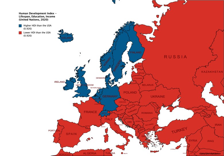 Lepsze miejsca do życia niż USA, dane z 2020 według HDI (Wskaźnik rozwoju społecznego, Human Development Index)