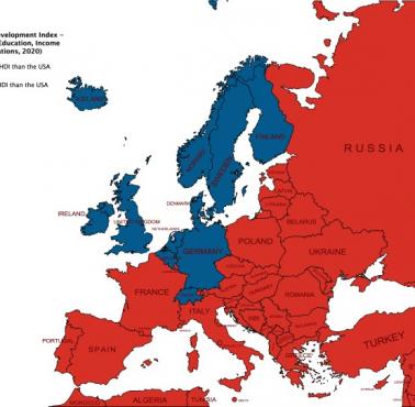 Lepsze miejsca do życia niż USA, dane z 2020 według HDI (Wskaźnik rozwoju społecznego, Human Development Index)