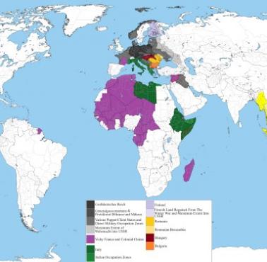 Tereny okupowane przez państwa Osi podczas II wojny światowej nałożone na mapę świata z nowoczesnymi granicami i podziałami