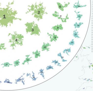 Porównanie wielkości 30 najbardziej zaludnionych obszarów miejskich w Wielkiej Brytanii
