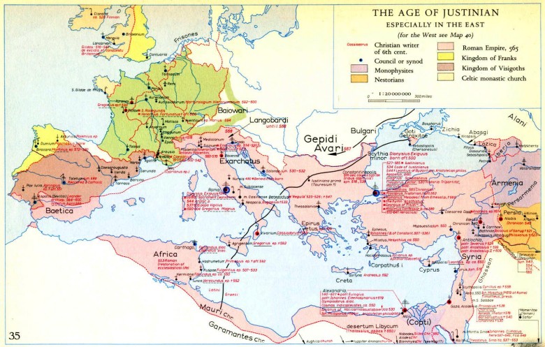 Chrześcijaństwo w epoce Justyniana Wielkiego (mapa z 1950 r.)