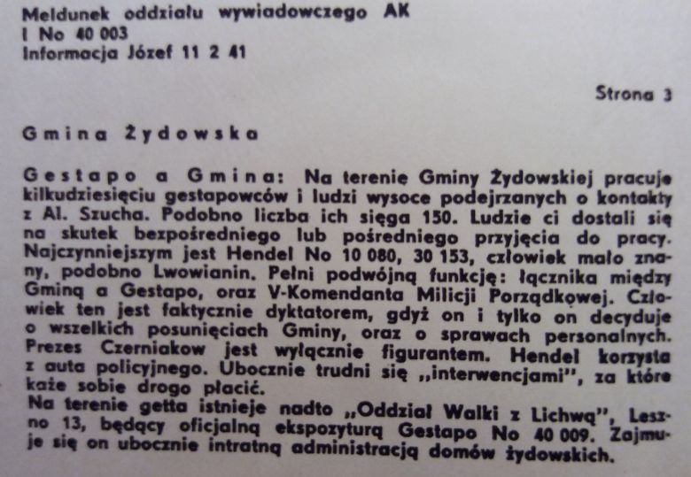 Meldunek kontrwywiadowczy oddziału wywiadowczego AK, Żydzi i Gestapo