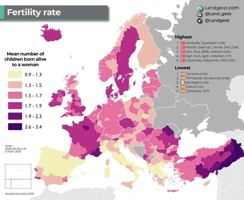 Współczynnik płodności w Europie, 2019 (liczba dzieci na 1 kobietę)