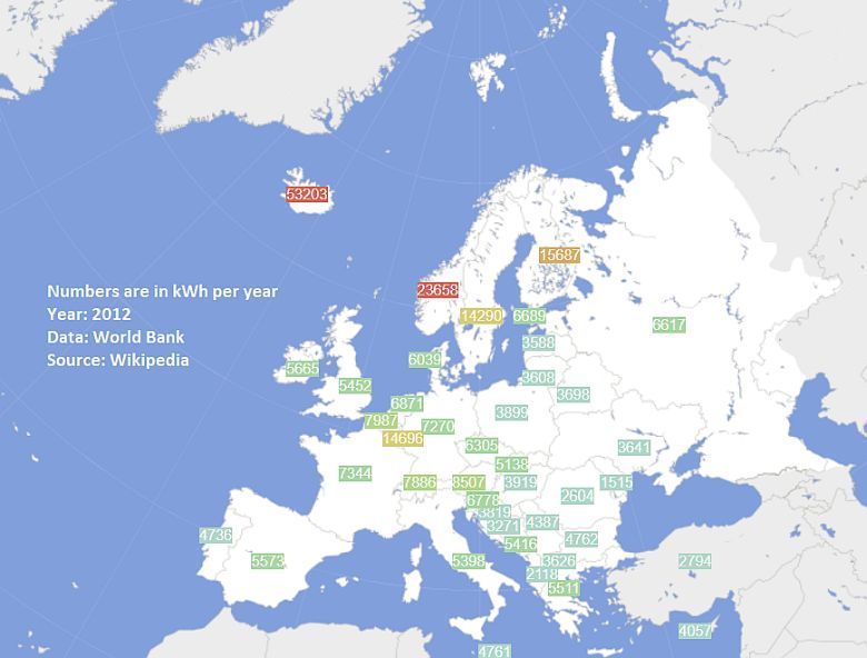 Kraje europejskie według zużycia energii elektrycznej na osobę (kWh na rok) - 2012