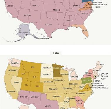 Porównanie miejsca urodzenia największej grupy imigrantów w USA w 1910 i 2013 roku