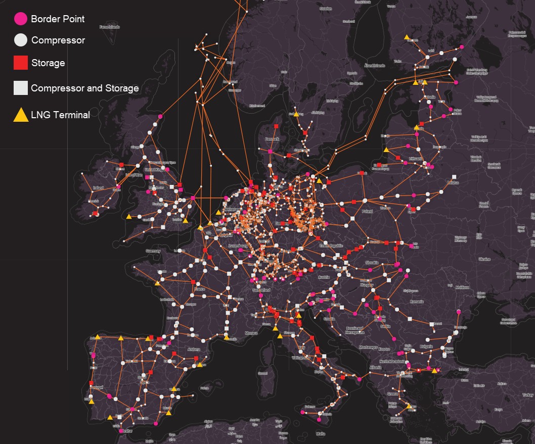 Sieć gazociągów w Europie, Unii, 2022
