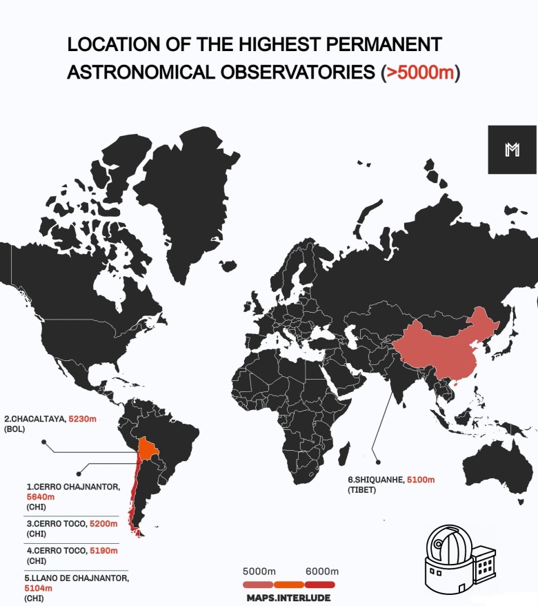 Lokalizacja najwyżej położonych stałych obserwatoriów astronomicznych, 2022