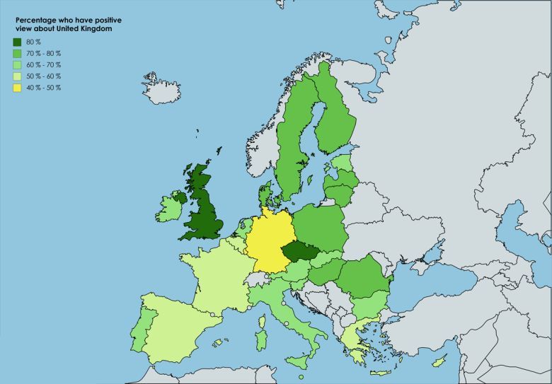 Odsetek obywateli UE, którzy pozytywnie ocenia Wielką Brytanię, 2017