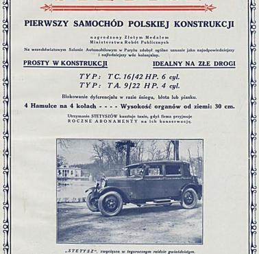 Reklama samochodu Stetysz (pełna nazwa Ralf-Stetysz) z 1928 roku, którego konstruktorem był Stefan hrabia Tyszkiewicz