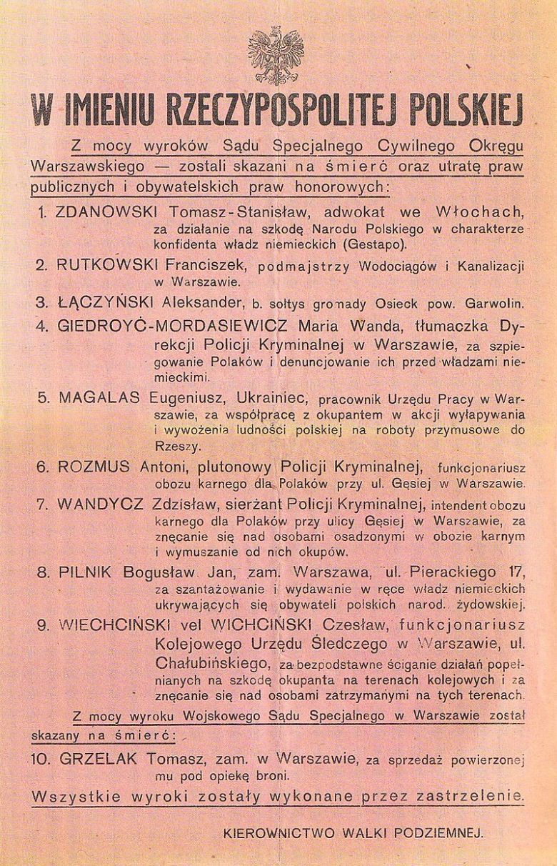  Plakat Kierownictwa Walki Podziemnej informujący wyrokach śmierci wydanych na Polaków kolaborujących z Niemcami, wrzesień 1943