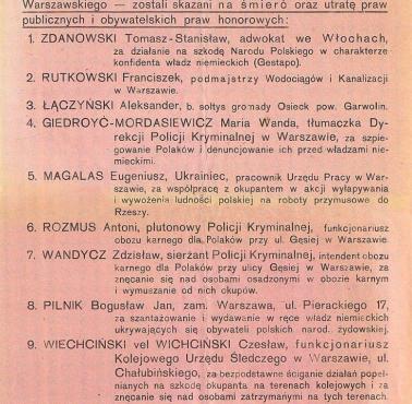  Plakat Kierownictwa Walki Podziemnej informujący wyrokach śmierci wydanych na Polaków kolaborujących z Niemcami, wrzesień 1943