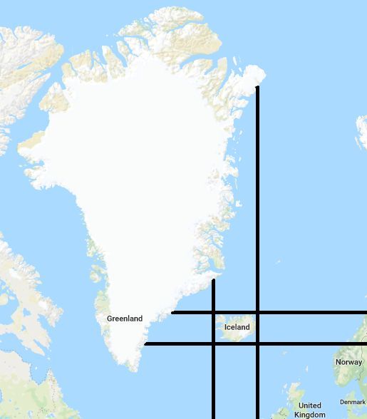 Grenlandia jest dalej na wschód, zachód, północ i południe niż Islandia 