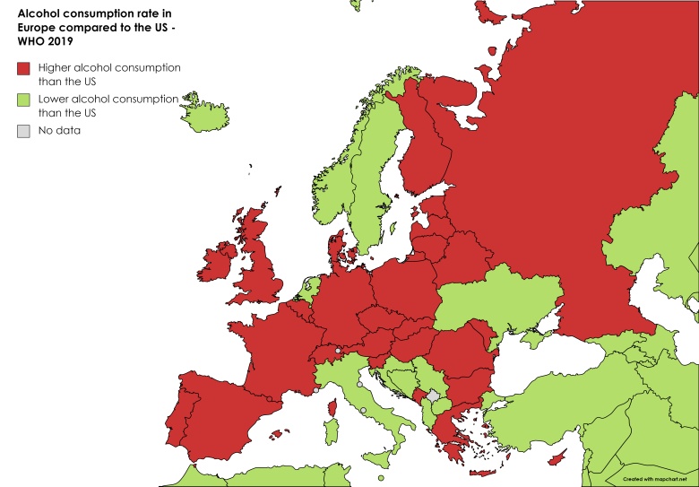 Konsumpcja alkoholu na osobę w Europie w porównaniu do USA, 2019