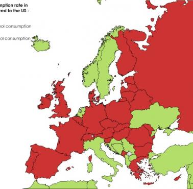 Konsumpcja alkoholu na osobę w Europie w porównaniu do USA, 2019