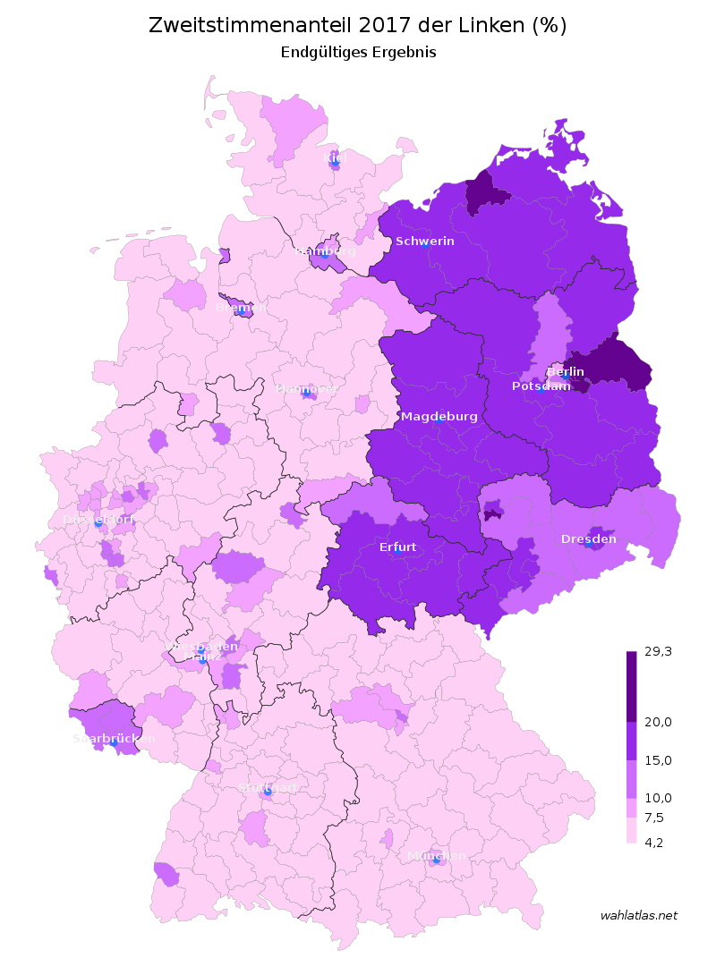 Wyniki Die Linke, niemieckiej partii komunistyczno-lewicowej, w wyborach federalnych w 2017 roku