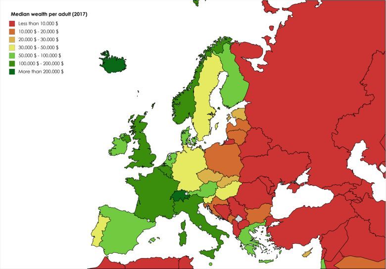 Mediana zamożności krajów europejskich w 2017