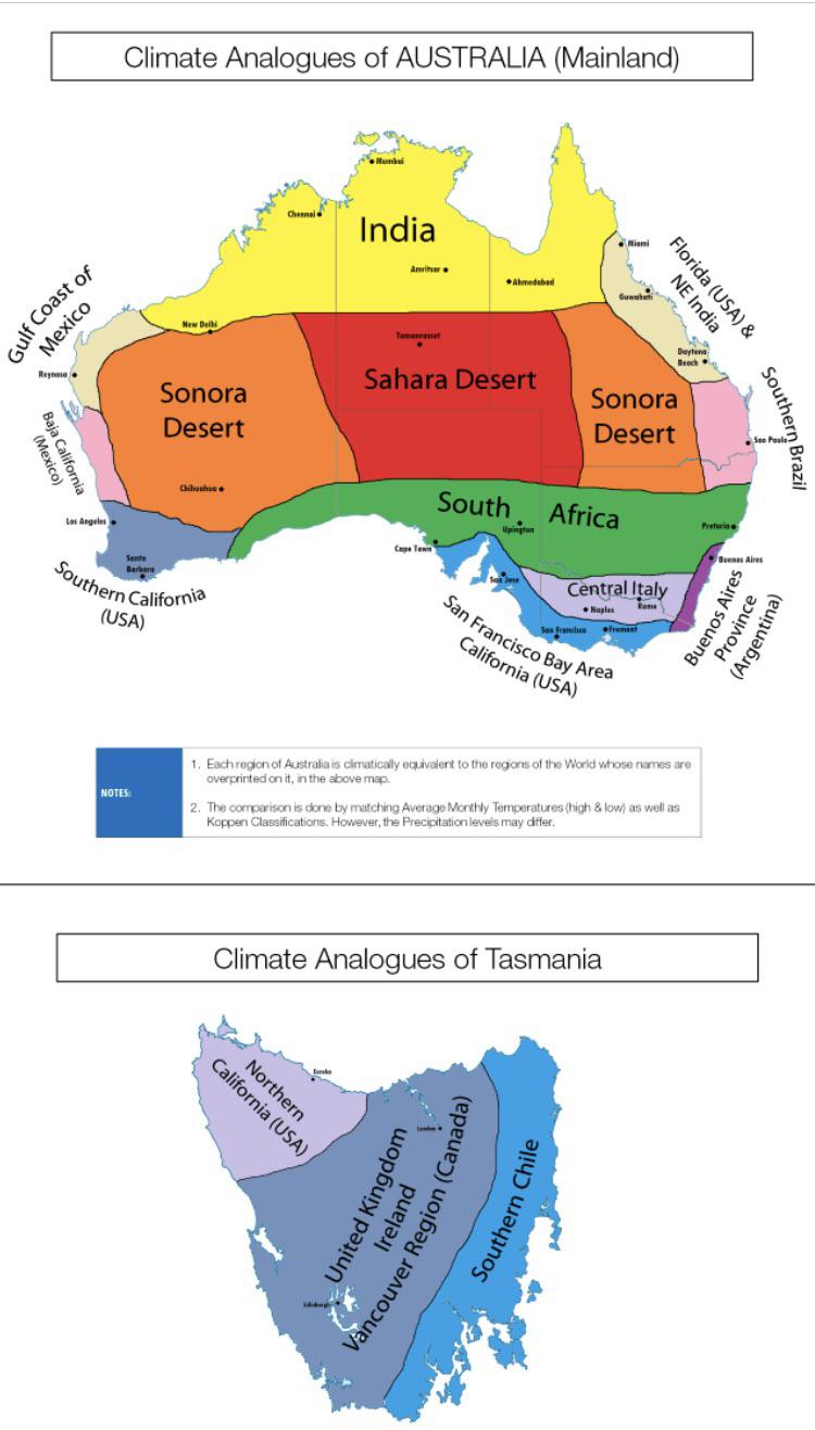 Odpowiedniki klimatu innych krajów w Australii i Tasmanii