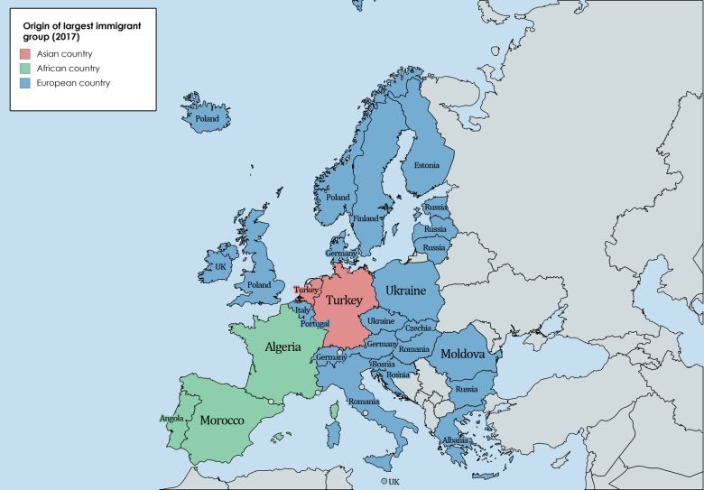 Największe grupy imigrantów w krajach europejskich, 2017