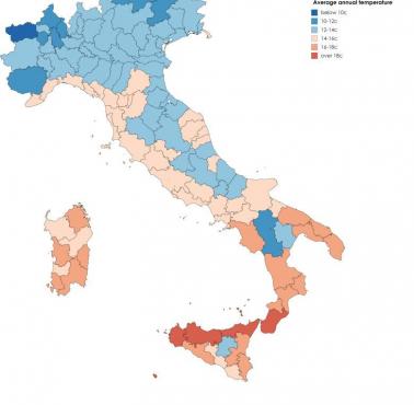 Średnia roczna temperatura w każdej włoskiej prowincji