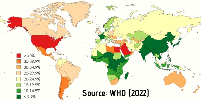 Współczynnik otyłości na świecie, WHO, 2022