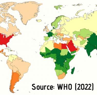 Współczynnik otyłości na świecie, WHO, 2022