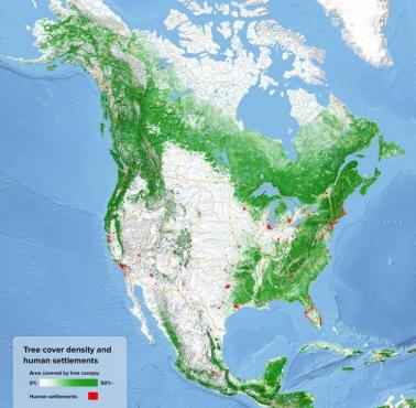 Gęstość pokrycia drzew i osiedli ludzkich w Ameryce Północnej