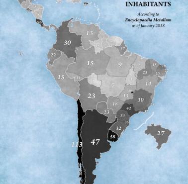 Metalowe zespoły na milion mieszkańców Ameryki Południowej i Środkowej